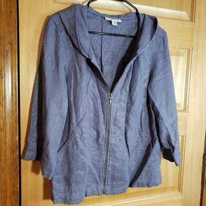 Coldwater Creek Womens Size M 3/4 Sleeve Full Zip Hooded Jacket Blue‎ 100% Linen